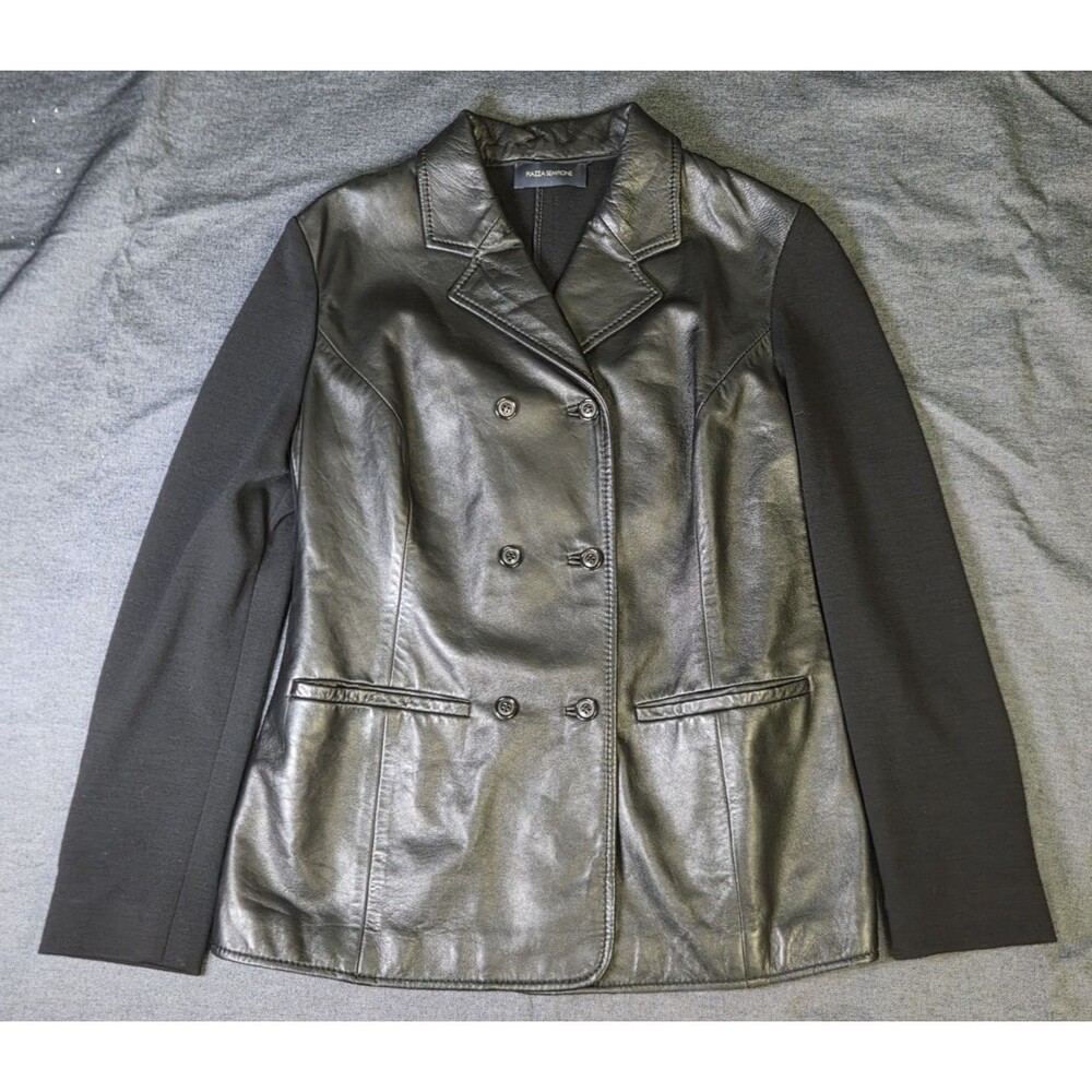 Women's Piazza Sempione Black Leather Blazer Jacket Knit Sleeves Size Medium